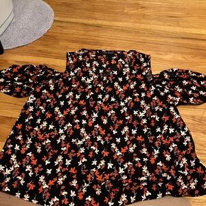 Lane Bryant Cold Shoulder Black, Orange and Cream Floral Blouse